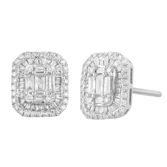 9ct White Gold & Natural Diamonds & Baguette Earrings Ear Studs 0.76ct 