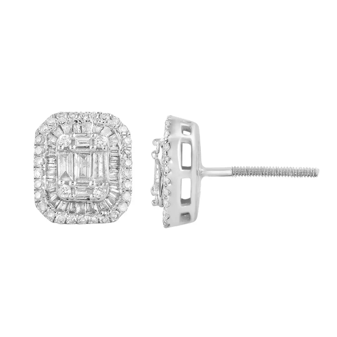 9ct White Gold & Natural Diamonds & Baguette Earrings Ear Studs 0.76ct 