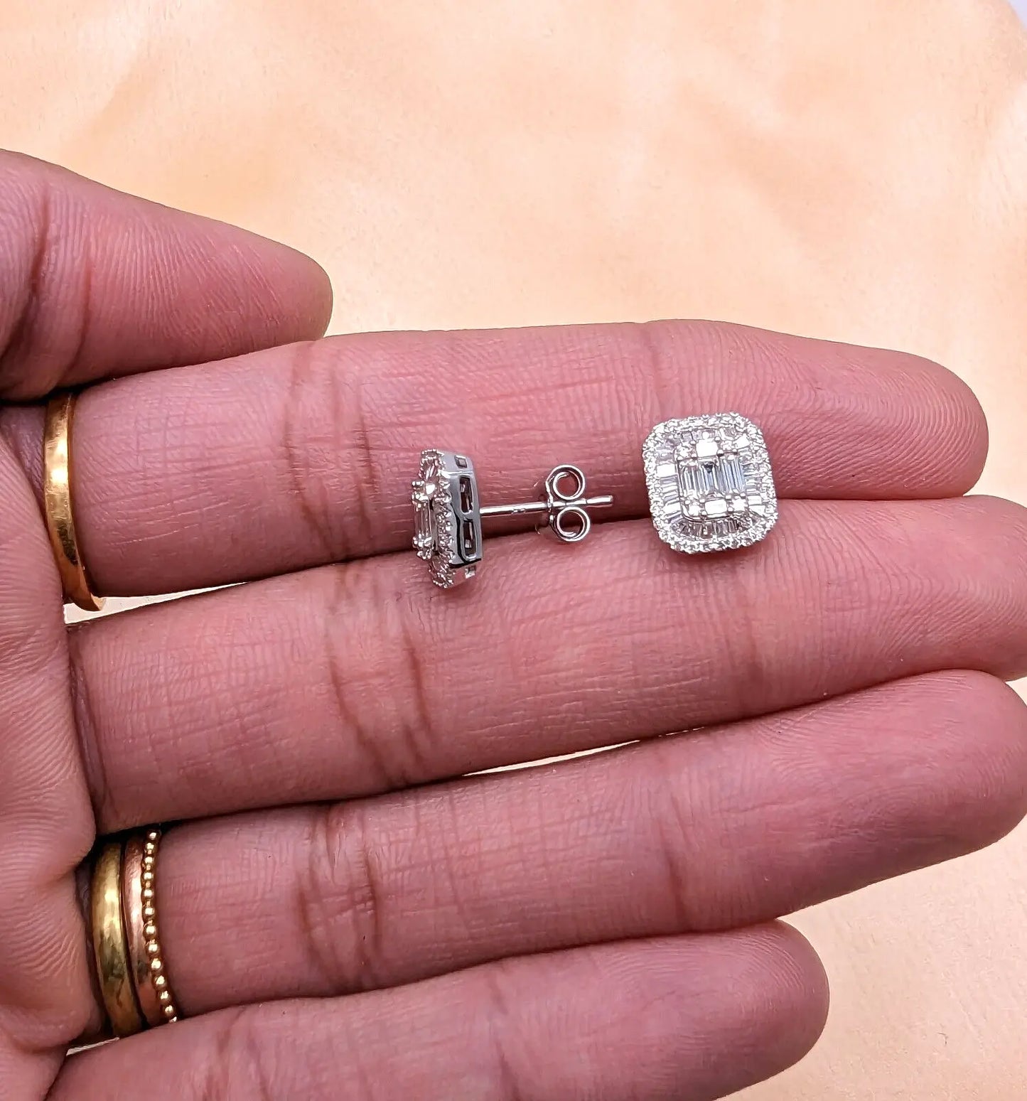 9ct White Gold & Natural Diamonds & Baguette Earrings Ear Studs 0.76ct 