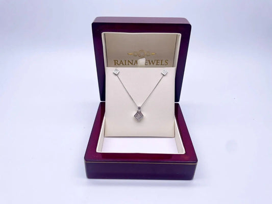 A Set of 18ct White Gold Princess Cut Diamond Invisible Set Stud Earrings & matching Princess Cut Diamond Invisible Set Kite Pendant on Chain Necklace 