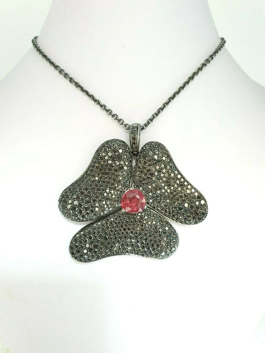 Gavello Black Diamond & Tourmaline Pendant 18K White Gold On Silver Chain 