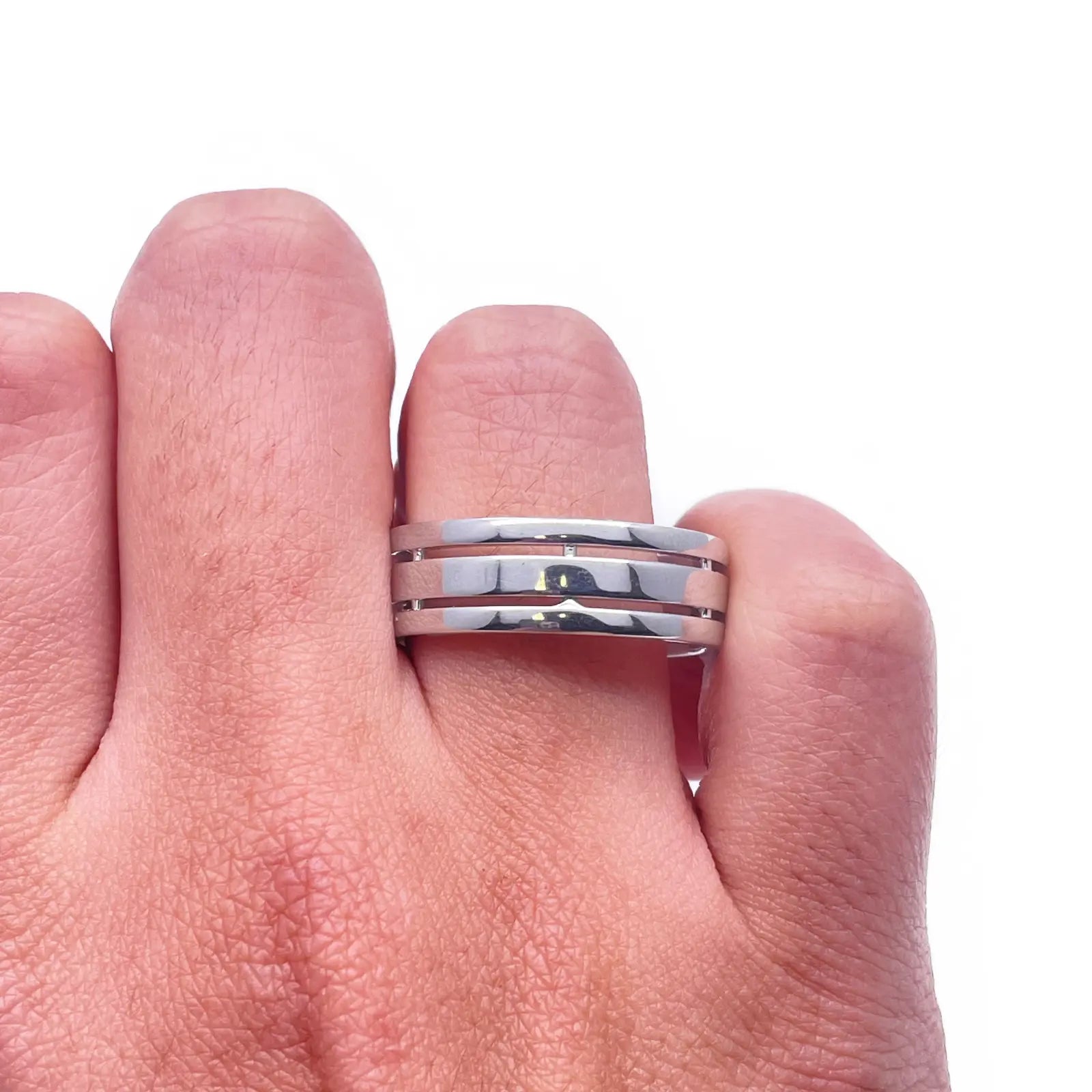 Mens Platinum 7mm Unique Polished 3 Row Cut Out Wedding Band Heavy Weight  Platinum Ring