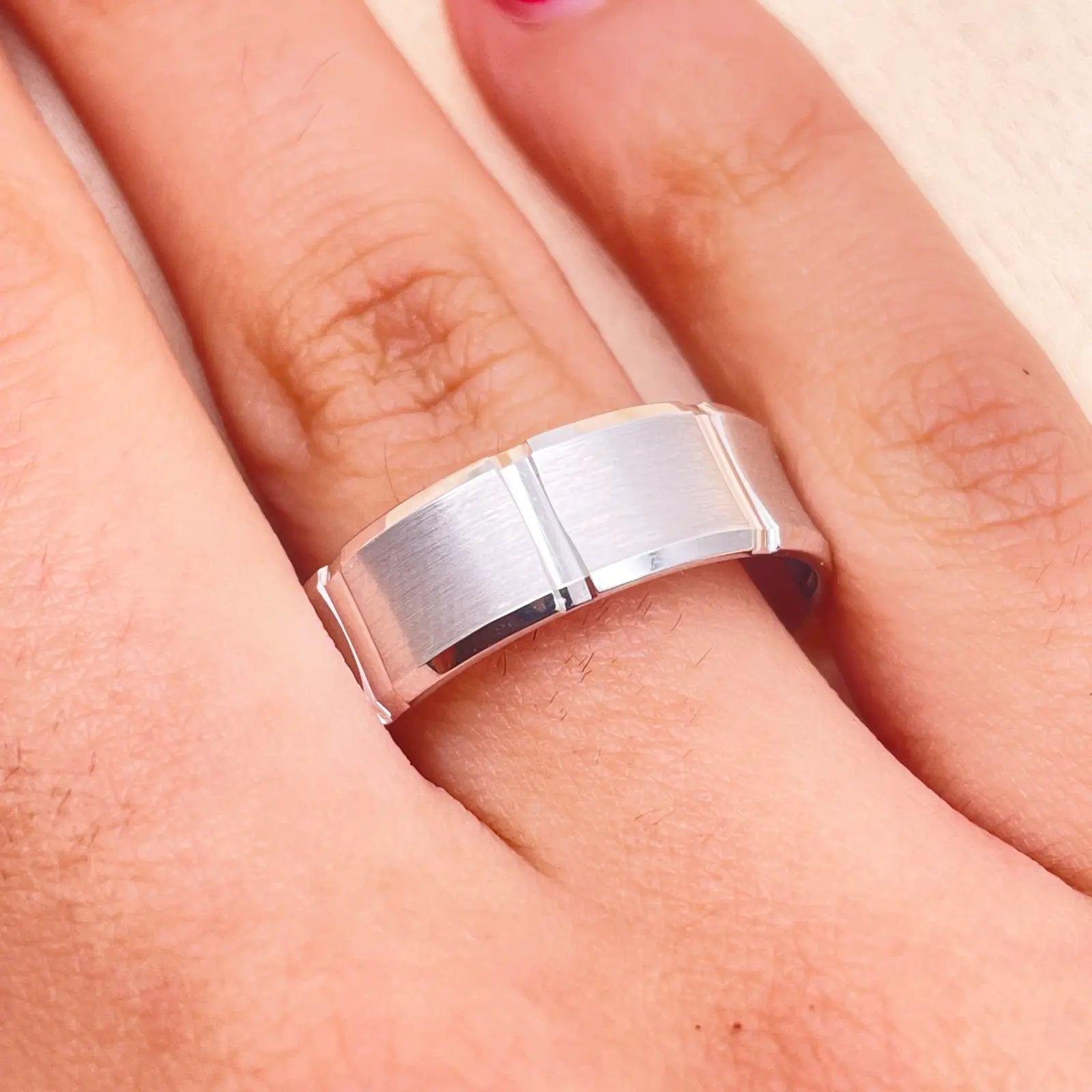 Mens Platinum Wedding Band 7mm Square Matt Finish & Bevelled Edges Heavy Weight 