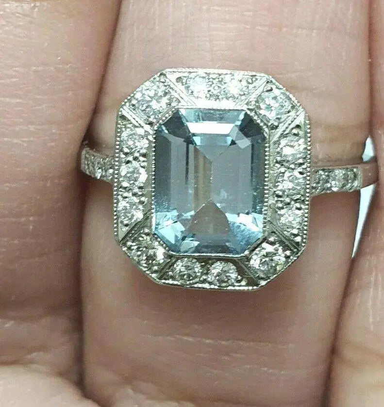 Vintage Design Aquamarine & Diamond Platinum Ring 0.20cts Pre-Owned Excellent Condition  Diamond Ring