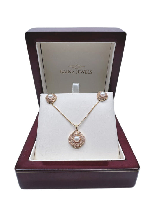 22ct Yellow Gold Cubic Zirconia Pearl Earrings & Pendant on 18K Chain Necklace Raina Jewels
