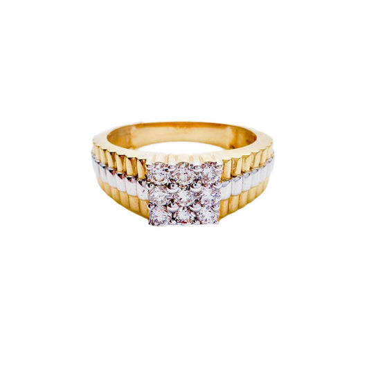 18Ct Yellow Gold Diamond 9 Stone Men's Ring Bi-Colour Ribbed Shank 0.50cts G/SI