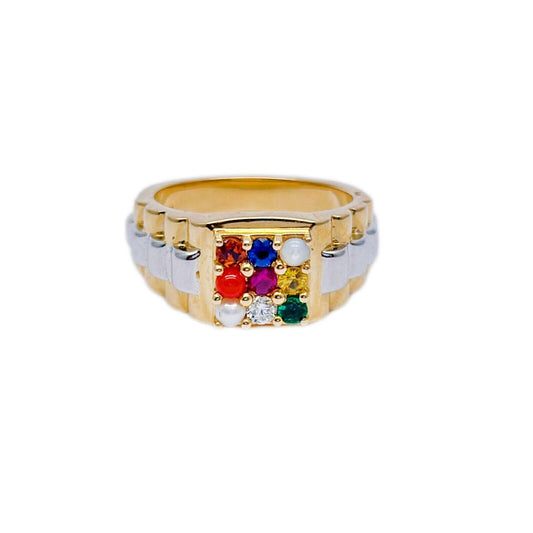 18K Yellow Gold 9 Gemstone Navratna Mens Ring with Diamond and Pearl 1.00ct